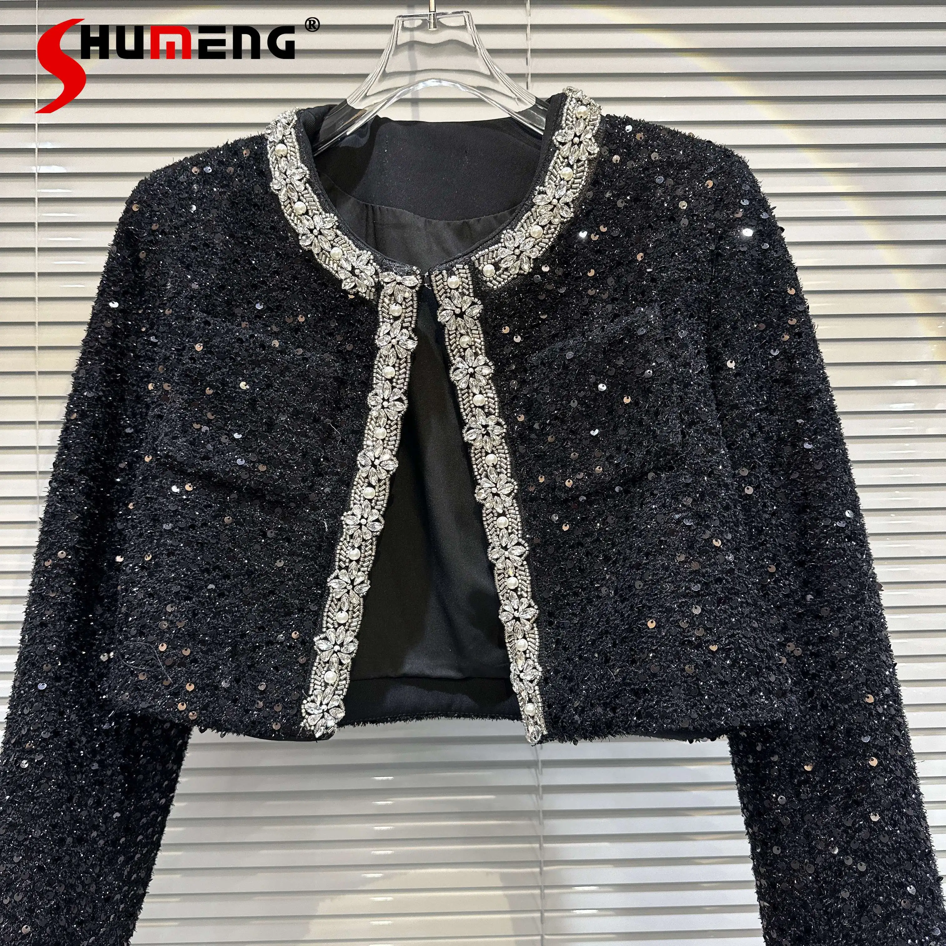 

Fashion 2023 Women's Autumn New Feminine Short Coat Rhinestone Beaded Sequined Tweed Overcoat Long Sleeve Heavy Work Jacket