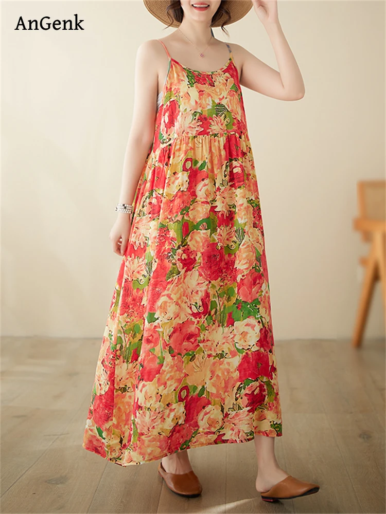 

Женское винтажное платье на бретельках, Длинное свободное Хлопковое платье без рукавов, элегантная пляжная одежда красного цвета, лето 2024