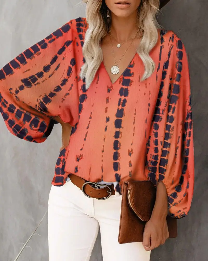 Frauen V-ausschnitt Tie Dye Leopard Print Bluse Shirts Casual Langarm Lose Pullover Bluse Tops BNS-H6651_voghion.com