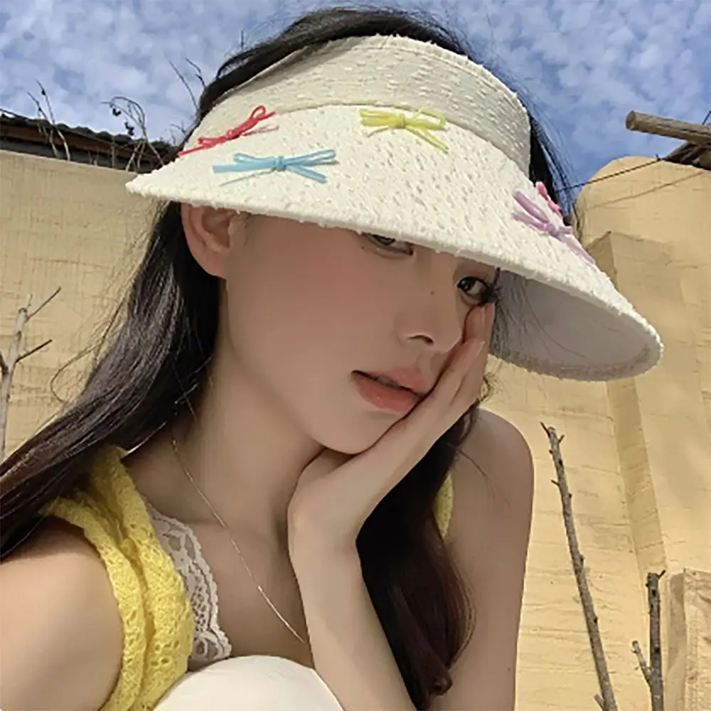 

Bow Knot Empty Top Hat Fashion Sunscreen Wrinkle Weaving Headband Cap Show Small Facial Features Japanese Style Sun Hat Beach