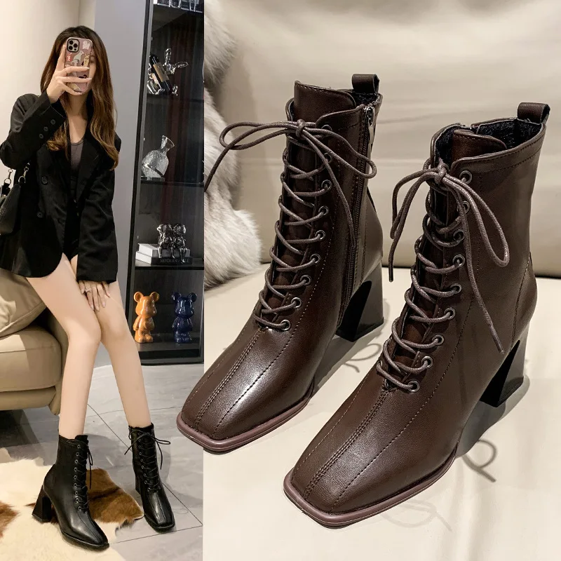

Cowboy Ankle Boots For Women Plush Shoes Bota West Snake High Heels Booties Lady Short & Martin Boots Chelsea Motorcycle Boots