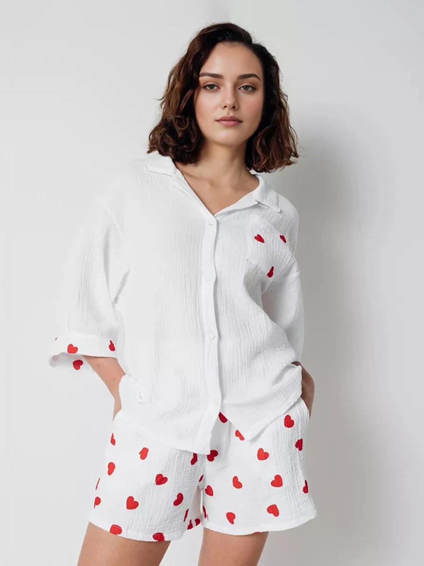 Marthaqiqi Cotton Ladies Sleepwear Suit Turn-Down Collar Pajamas Three Quarter Sleeve Nightwear Shorts Casual Home Clothes Women