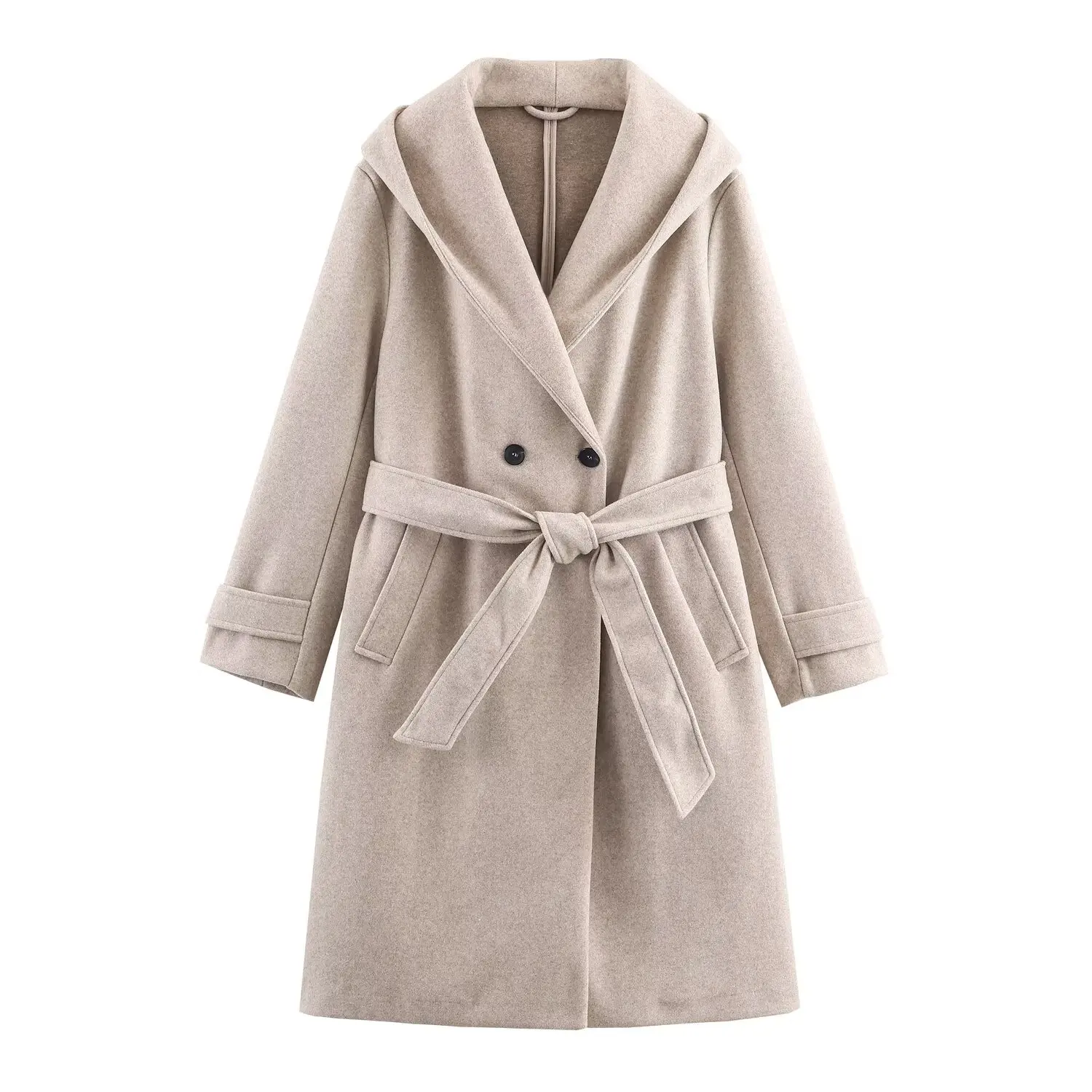 Women's Soft With Belt Woolen Overcoat Female Slim Fit With Hoodie Long Coat Elegant Commuting Bathrobe Style Coat Streetwear
