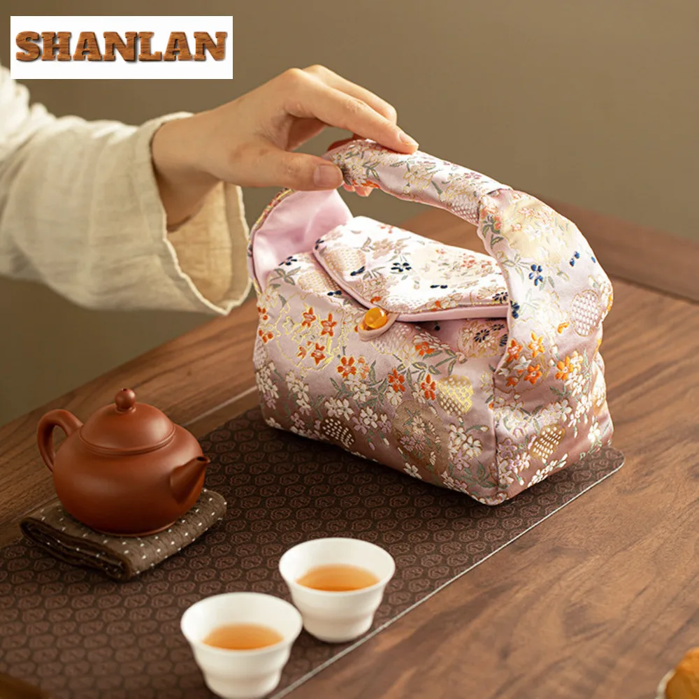 Pomegranate Flower Persimmon Bag Cotton And Linen Tea Storage Bag Luxury Tea Cozy For Teapot Hand Teaware Ceremony Crafts
