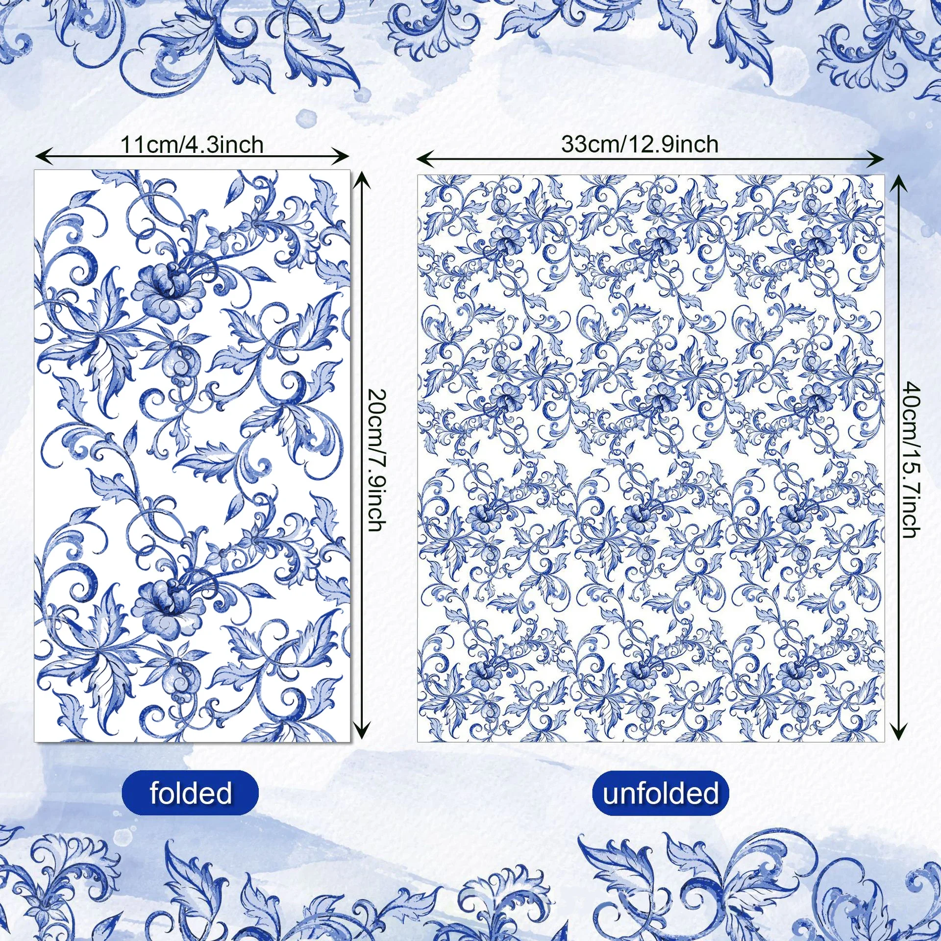 100PCS Chinese Style Blue and White Porcelain Pattern Paper Napkins 33*40cm 2-Ply Disposable For Wedding Banquet