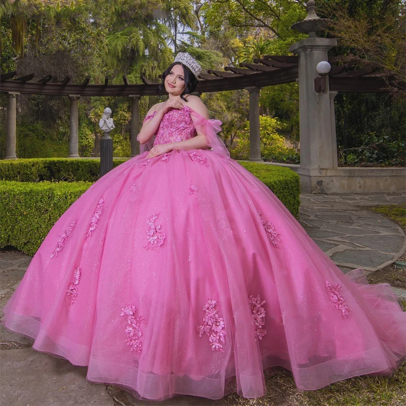 

Pink Bling Sweetheart Off The Shoulder Quinceanera Dresses Ball Gown Floral Appliques Lace Back Corset For Sweet 15 Girls Party