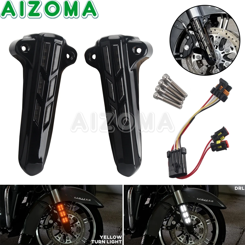 

Motorcycle LED Turn Light Front Lower Fork Leg Slider Cover For Harley Touring Street Electra Glide Road King Ultra Limited 14+