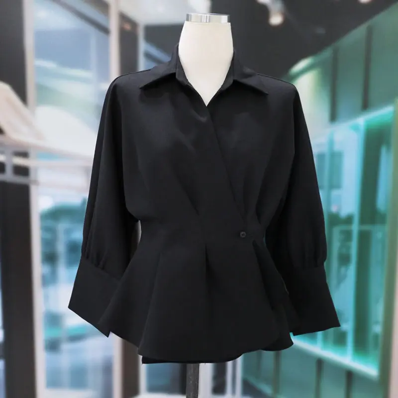 Spring and Autumn Women's Turn Down Collar Patchwork Button Solid Color Slim Cardigan Fashion Office Lady Long Sleeve Shirt
