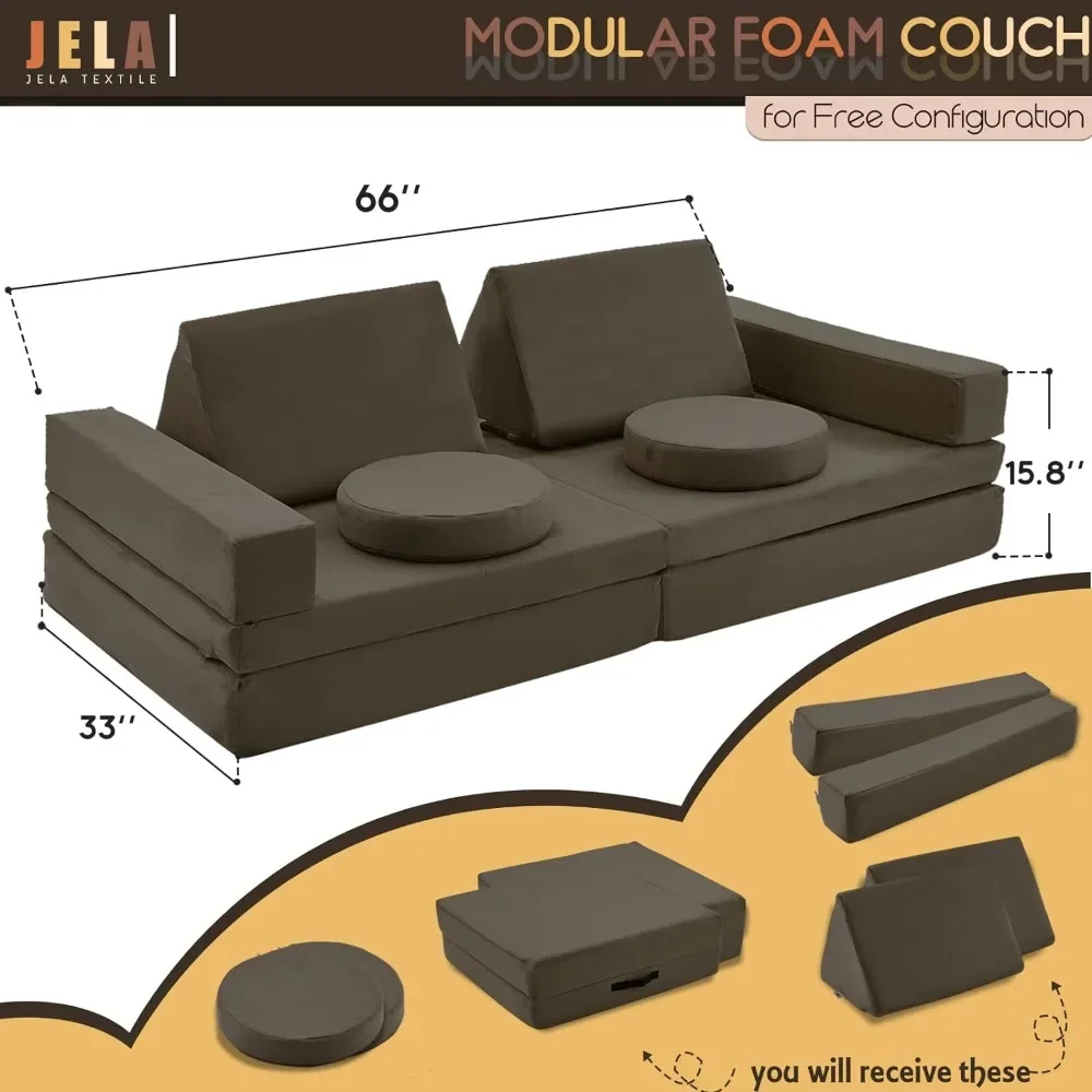 Kids Couch Extended Size 10PCS with futons, Floor Couch Floor Sofa Modular Furniture for Kids and Adults,Modular Foam Play Couch 2