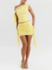 Women's Elegant Temperament Pleated Top and Short Skirt Set, Solid Color Net Sand Diagonal Shoulder Strap, Summer Beach Ou, New 1
