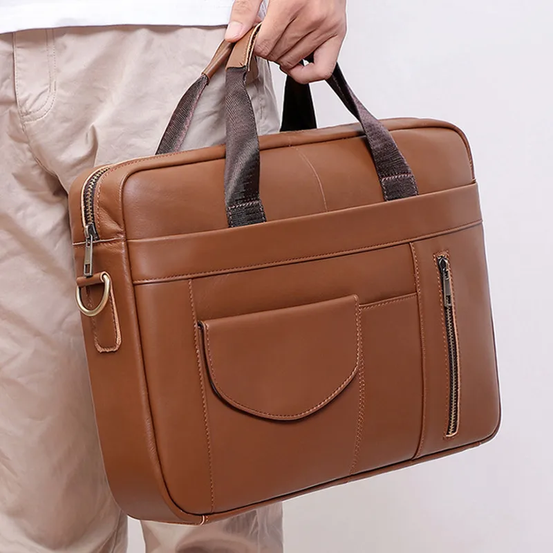 Genuine Leather Men's Briefcase Office Handbag Large Capacity Male Shoulder Messenger Bag Business 15.6 