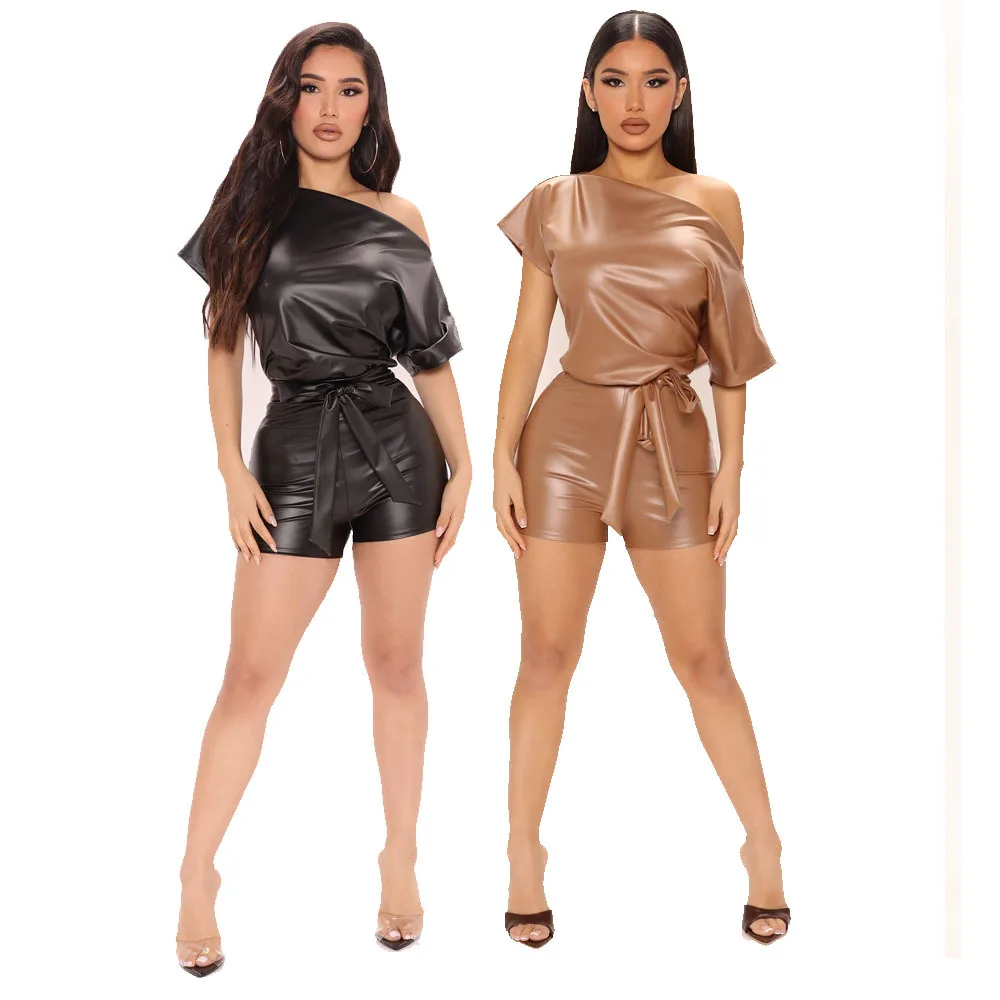Sexy Slanted Shoulders Romper for Women Solid Leather Short Sleeves Skinny Playsuits Summer PU Overalls Female Badysuit Clothes