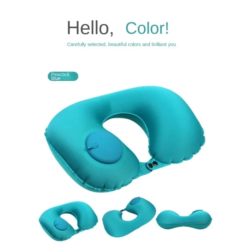Green Inflatable U-shaped Pillow Press Automatic Inflatable Portable Travel Neck Protection Pillow Aircraft Pillow Outdoor Trave