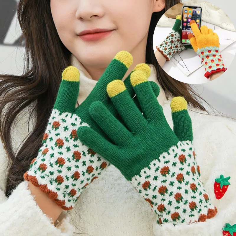 

Knitted Touch Screen Gloves Thicken Warm Stretch Full Finger Gloves Women Men Winter Skiing Cycling Mittens Floral Guantes