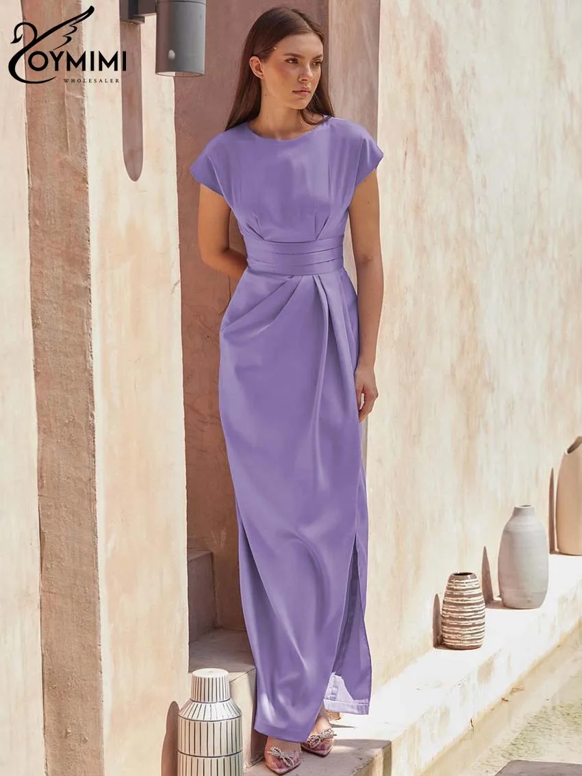 

Oymimi Elegant Purple O-Neck Womens Dresses Fashion High Waisted Solid Dresses Spring Side Slit Floor-Length Dress Streetwear