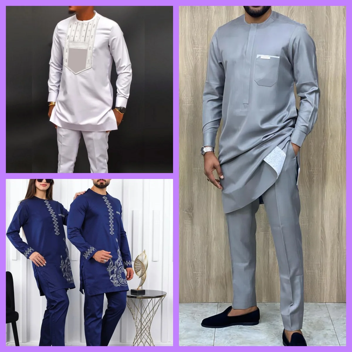 2024 Luxury Men's Suit Shirt and Pants Set of 2 Clothing Crew Neck Solid Color Festive Long Sleeves African Ethnic Style（M-4XL)