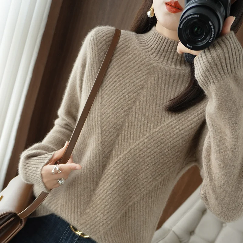 

Thickened cashmere sweater women's 2023 autumn and winter new half turtleneck loose solid color pullover sweater bottoming shirt
