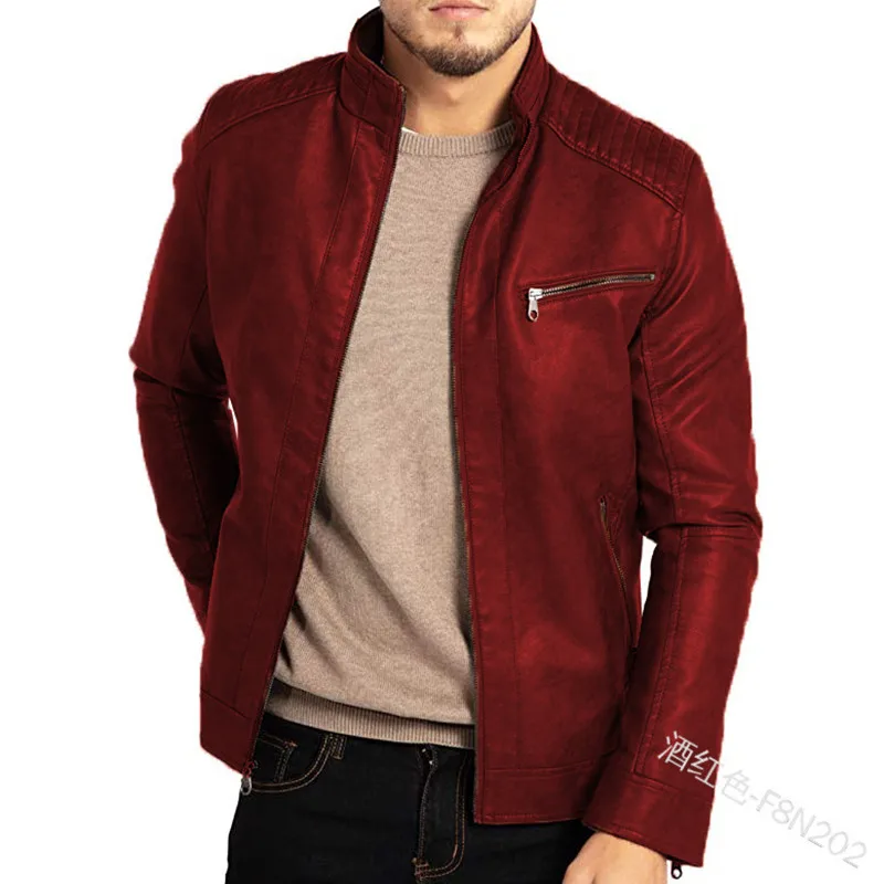 Men's PU Leather Jacket Stand-Up Collar Punk Motorcycle Style Fashion European American Teenagers Male Outerwear 3