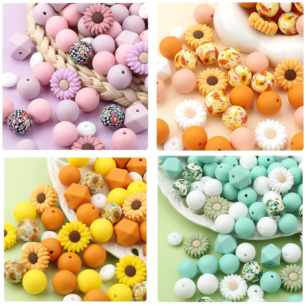 30Pcs Baby Silicone Beads Daisy Theme Beads For Jewelry Making DIY Beaded Pen Necklaces Food Grade Jewellery Accessories