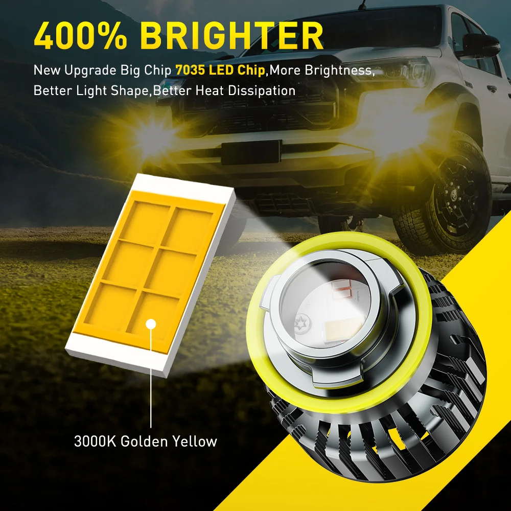 AUXITO 2개입 신형 H11 H8 LED 안개등 프로젝터 터보 H9 H16(JP) LED 안개등 미니 자동차 주행등 DRL 3000K 옐로우 화이트 12V