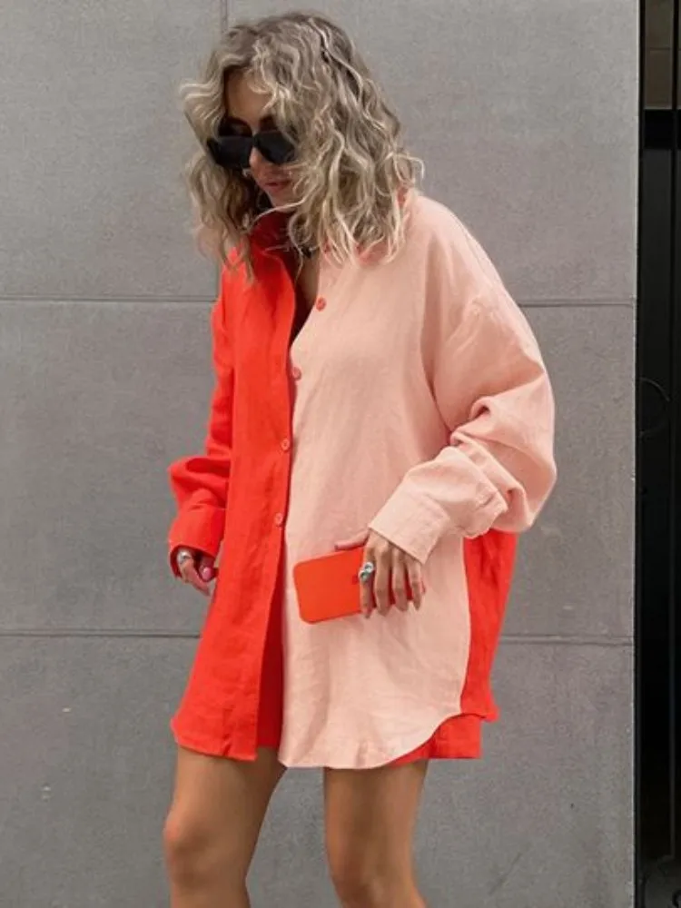 

Autumn 2 Piece Sets Womens Outfits Elastic Waist Shorts Loose Casual Ensemble Femme Long-sleeved Shirt Suit Hit Color Splicing
