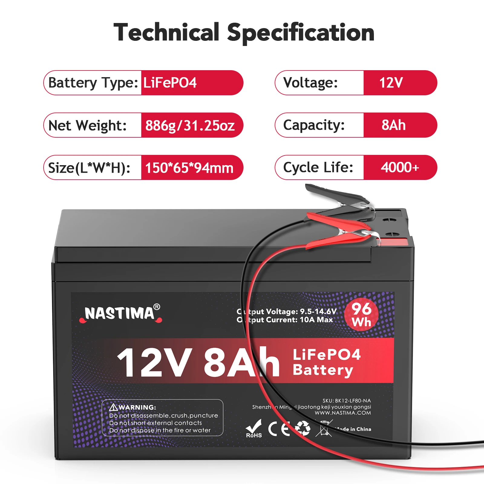 12V 8Ah LiFePO4 Lithium Iron Phosphate battery MCOM1 8Ah