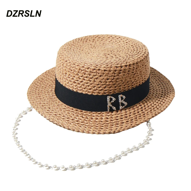 

New Design Letters Sun Hat With Pearl Chain Strap Women Crochet Straw Hat Pearl Necklace Party Hat Fashion Sunshade Beach Hats