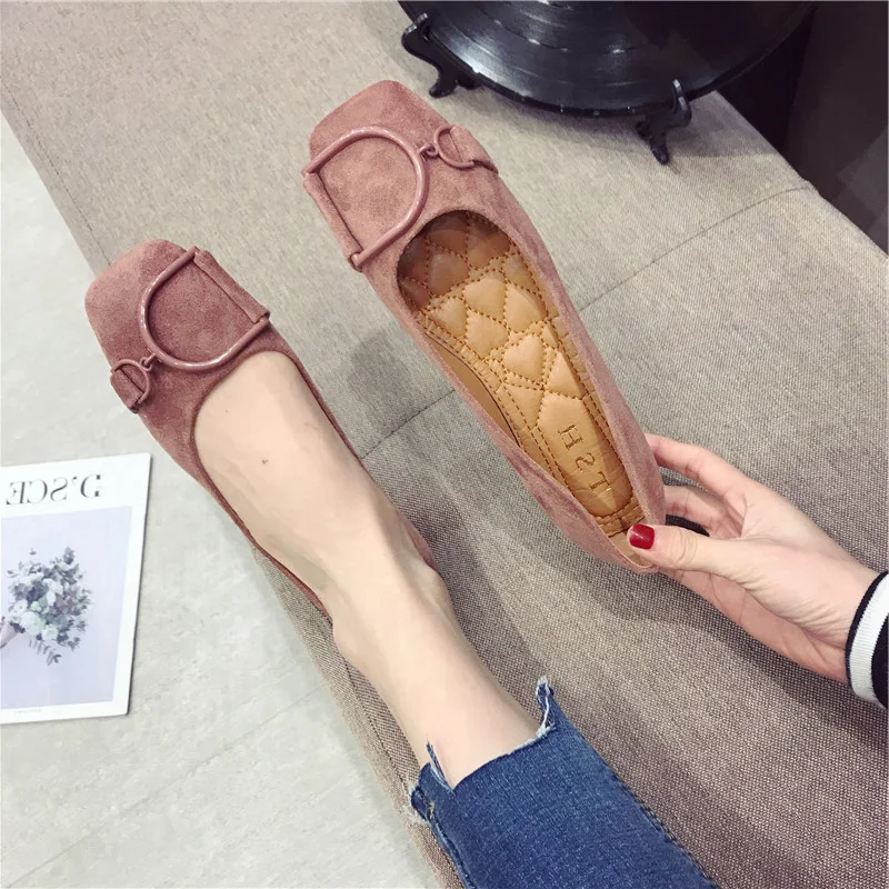 Flat Shoes for Women Spring 2023 New Suede Square Toe Shallow Cut Flat Bottomed Lefu Soft Bean Shoes Ladies big size 44 45 46 2