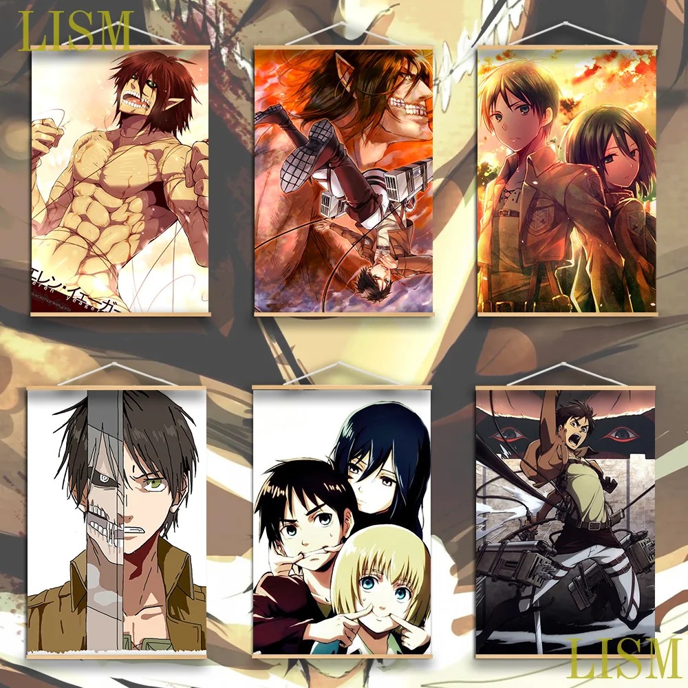 

Attack On Titan Eren Jaeger Anime Poster manga Wall Decoration Prints with solid wood hanging scroll