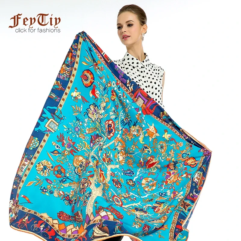 Large Hijab Faux Twill Silk Scarf Women Tree Print Square Shawl Head Kerchief Female 130cm*130cm Luxury Scarves For Lady Stoles