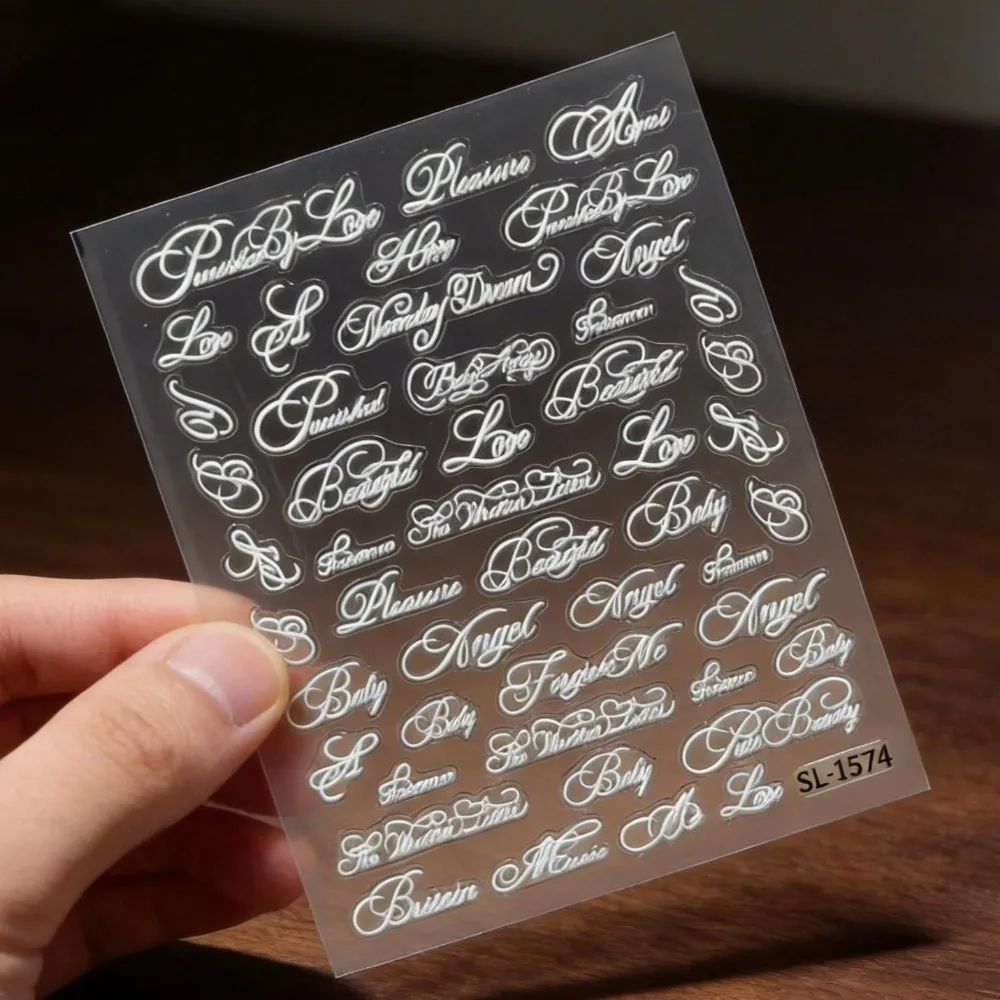 Artistic Font Embossed Nail Art Stickers - Black & White 3D Manicure Decals