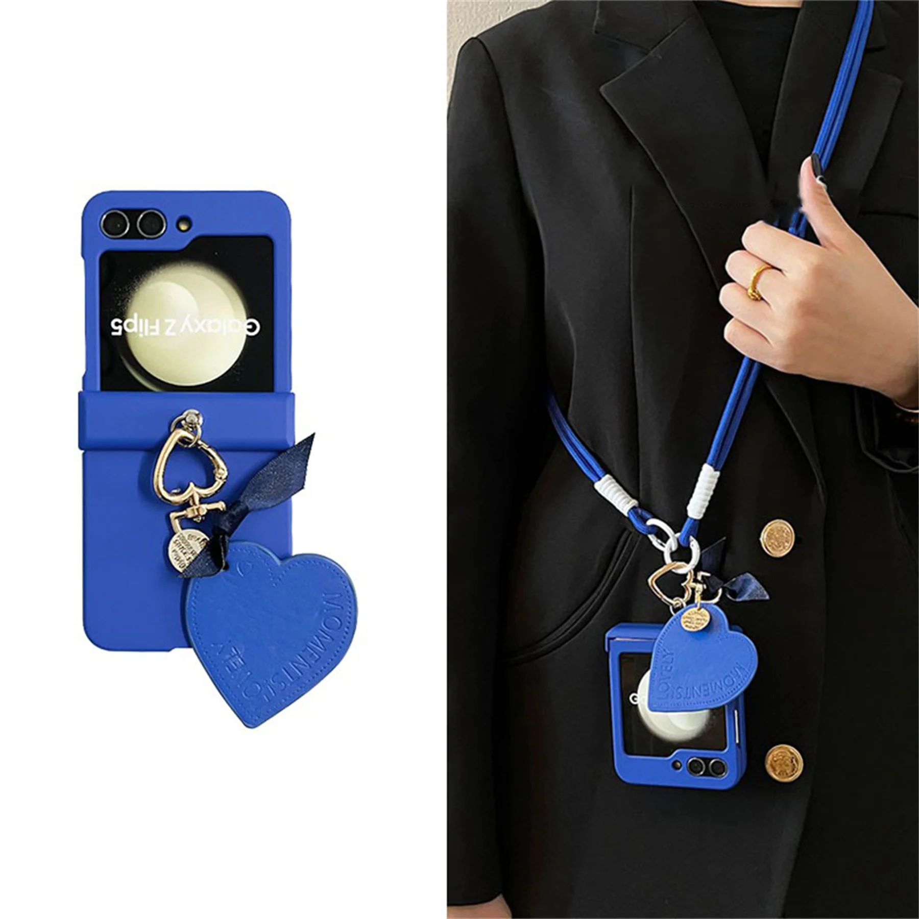 

Stylish Blue Crossbody Lanyard Rope Cortex Phone Case for Samsung Galaxy Z Flip 6 Z Flip 4 Zflip5 Z Flip3 Heart Pendant Cover