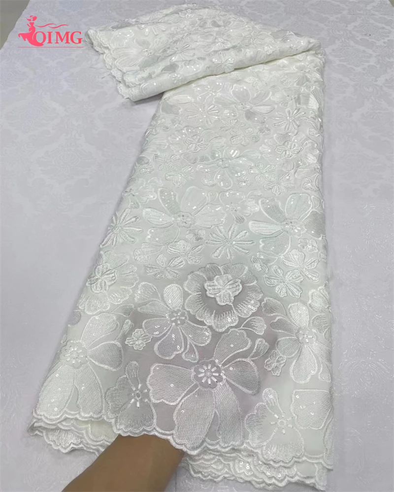 

OIMG African White Mesh Sequins chiffon Lace Fabric Embroidery By Party Dresses Tulle For Women 5 Yards Sewing Dubai Fabrics