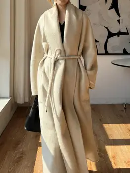 Office Lady Alpaca Giacche di lana 2025 Autunno e inverno Accappatoio Stile Colletto Yarry Cravatta con lacci Cappotti lunghi di lana da donna larghi 1