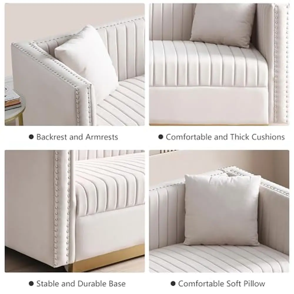 Description Picture 4 of itemVelvet Channel Tufted Sofa Set with Nailhead Trim and Gold Metal Legs Modern Living Room Furniture Apartments Sturdy Wood Frame