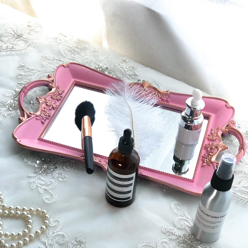 Oval Glass Storage Tray Pink Retro Mirror Food Tea Tray Household Jewelry Skin Care Product Organizer Wedding Home Decor 6