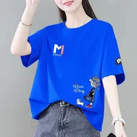 00% Pure Cotton ort Sve T-irt Women's Summer New Faion Loose Sli Age-Defng Versatile Top Korean Sle round Ne