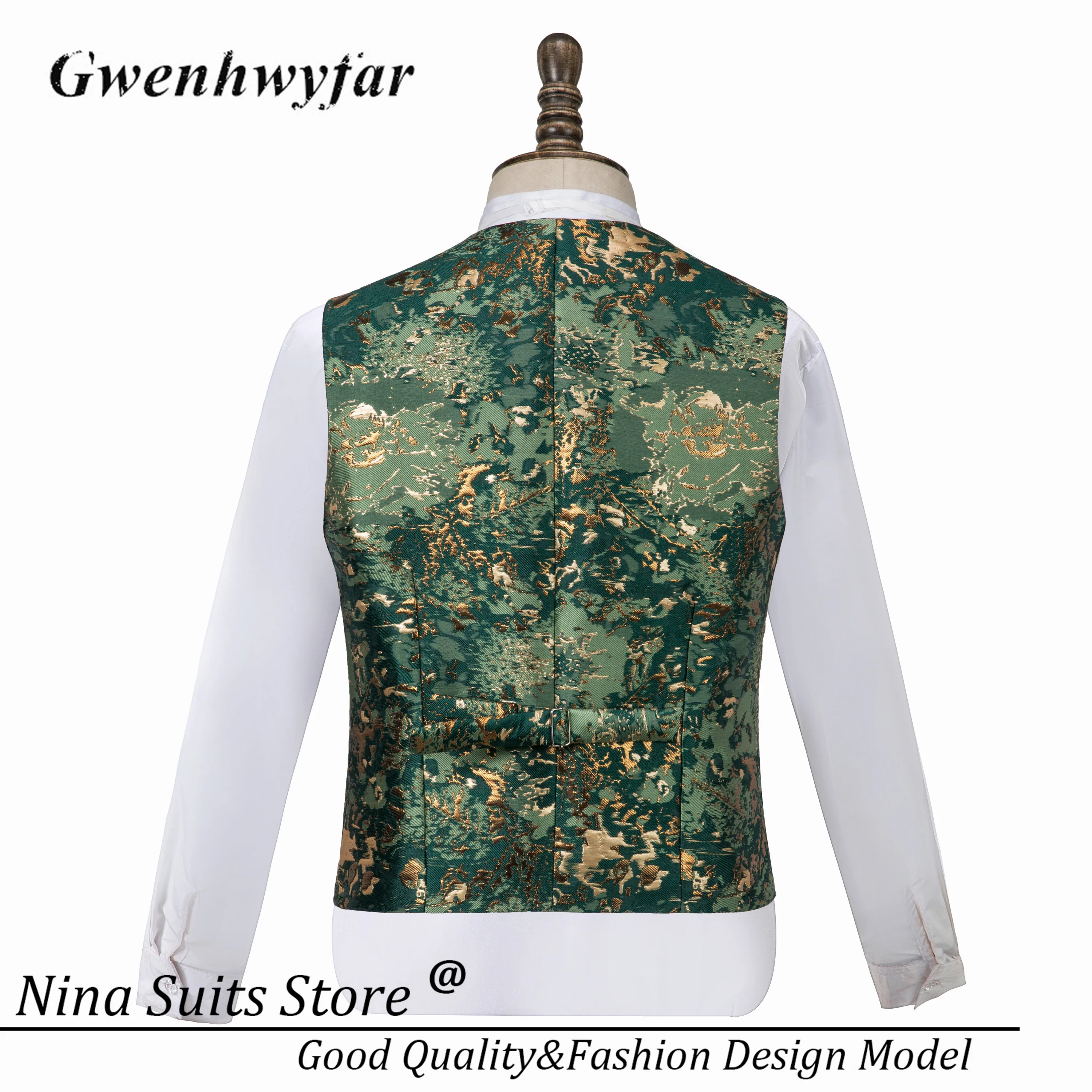 Gwenhwyfar Tailored Camouflage Men Tuxedos Gold Army Green Pattern Costume Homme Formal Male Suit Blazer Pants Vest