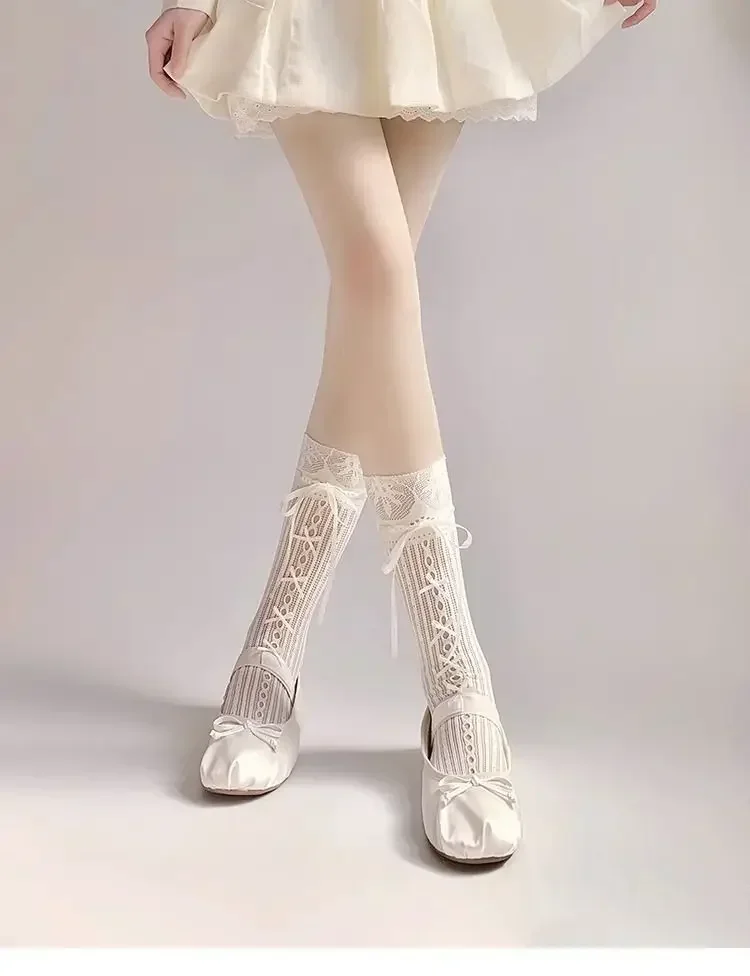 Fliege Strumpf Hohle Spitze Gestreift Y2K Lolita Socke Band Schleifen Krawatte Lange Knielange Socken Ballett Stil Riemen Schleife JK Socke – Detail 11