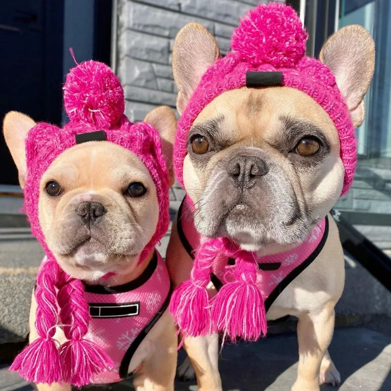 

Winter Warm Dog Hats Windproof Knitting French Bulldog Hat for Dogs Chihuahua Hat Fluffy Ball Puppy Accessories Pet Hat