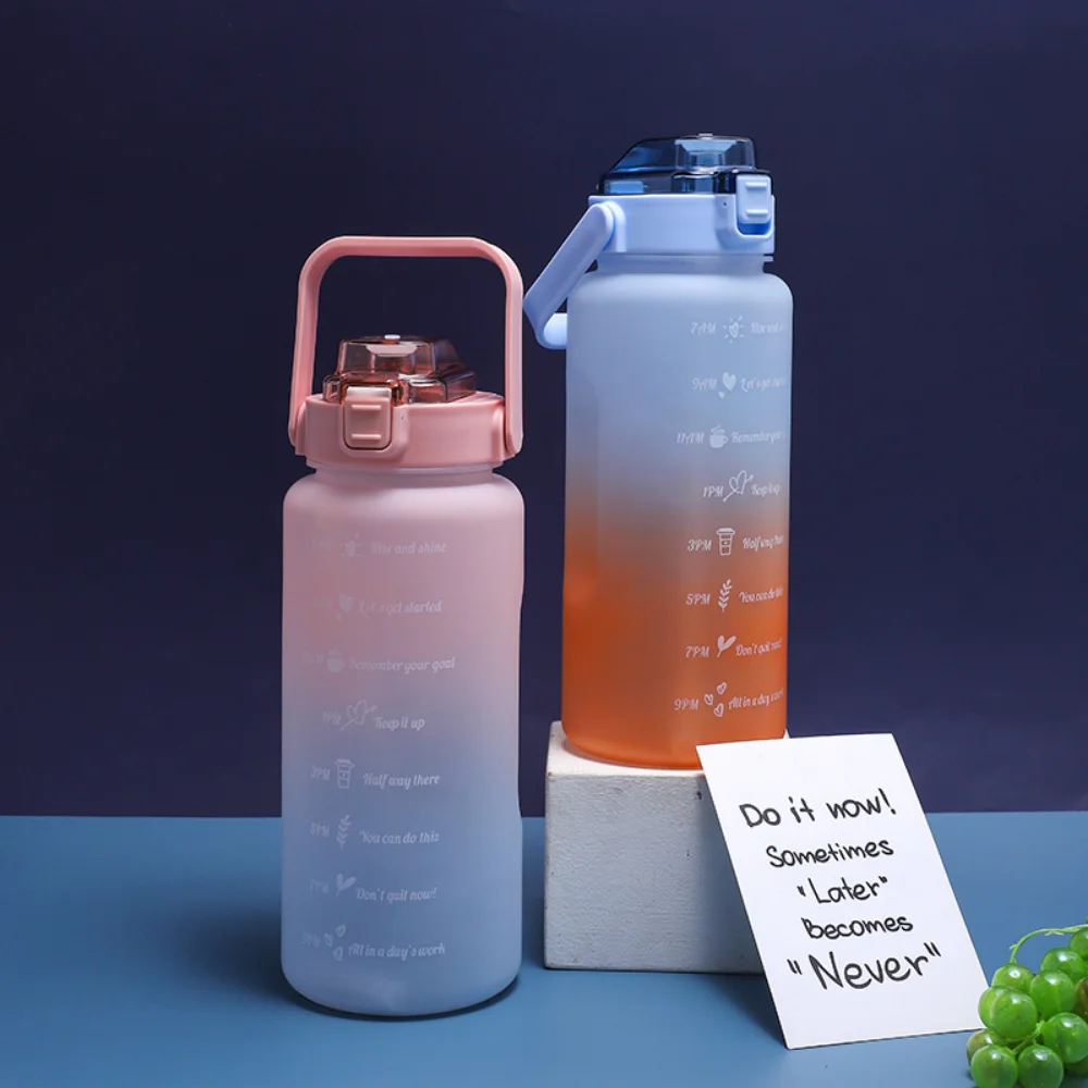 2L Large Capacity Water Bottle Straw Cup Gradient Color Plastic Water Cups with Time Marker Outdoor Fitness Sports Bottle Gourde