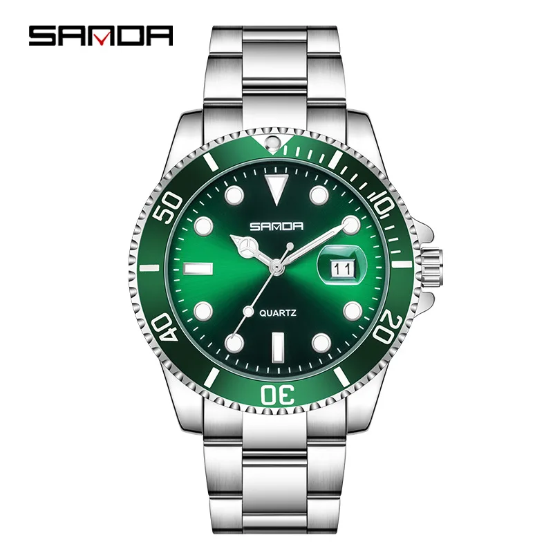 

SANDA 1099 Men's Quartz Watch Luxury Fashion Green Date Pointer with Stainless Steel Strap Wristwatches for Male Watches Gift