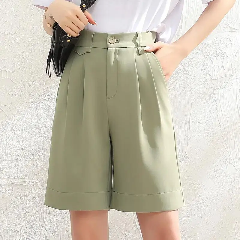 Summer Green Shorts Women High Waist Straight Knee-length Shorts for Women with Pocket Wide Leg Casual Short Pants Ladies Office maternity shorts