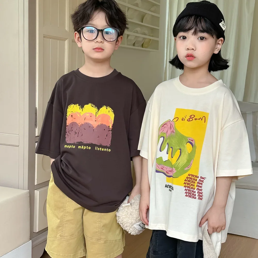 

Children clothing kids T-shirt 2024 summer Korean cartoon graffiti printed short-sleeved children's casual crewneck loose top