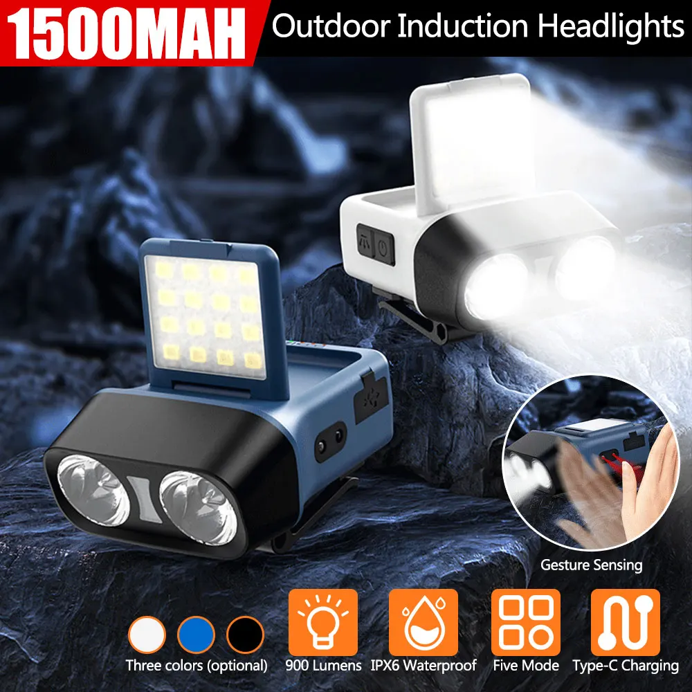 센서 COB LED 헤드램프 캡 클립 라이트, USB 충전식 헤드 손전등, 내장 배터리 헤드라이트, 낚시 캠핑용 LED 헤드