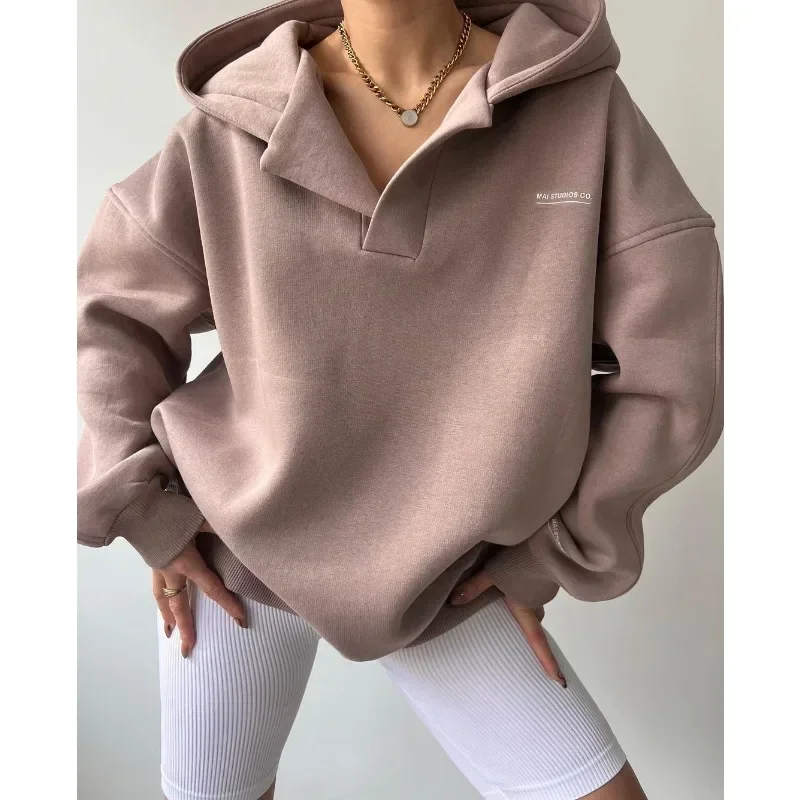 

Pullover V-neck Fleece Hooded Sweatshirts Solid Trend Fleece-lined Hoodies Women Floral Print Long Sleeve Autumn Loose Hoodies