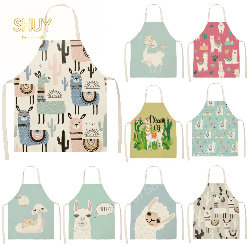 

Llama Alpaca Cactus Printed Kitchen Apron Cotton Linen Sleeveless Aprons Women Kids Pinafore Anti-fouling Cleaning Waist Bib