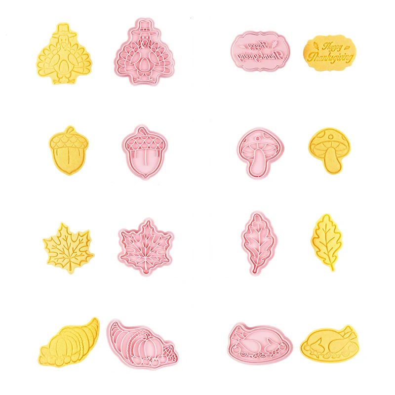

8Pcs Thanksgiving Day Cookie Cutters Set 3D Turkey Pine Cone Maple Leaf Cookie Mold Biscuit Stamp Kitchen Baking Pastry Bakeware
