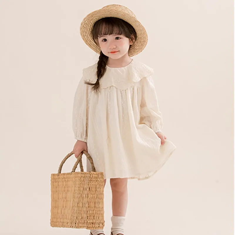 

Autumn New Girl's Long Sleeve Dress with Off White Embroidery High Quality Loose fitting Dress