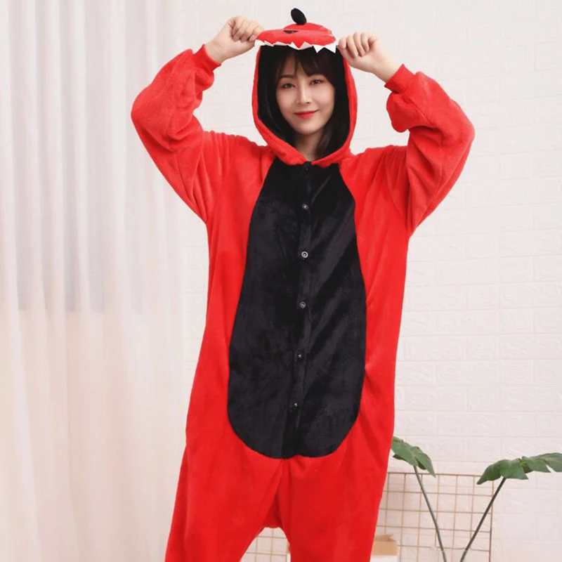 Red Dinosaur Fluffy Pajamas Kigurumi Adult Jumpsuit One Piece Pajamas Homewear Sleepwear Halloween Cosplay Costumes Long Sleeve